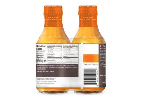 Buffalo Sauce Medium Heat Keto Friendly No Dairy Made with Avocado Oil 2 Glass Bottles NT.WT.16.5 oz each. By Primal Kitchen