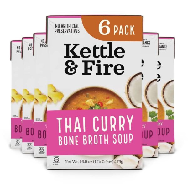 Kettle and Fire Thai Curry Soup with Chicken Bone Broth, Paleo Diet, Gluten Free, High in Protein and Collagen, 6 Pack