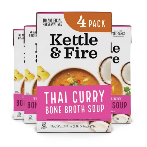 Kettle and Fire Thai Curry Soup with Chicken Bone Broth, Paleo Diet, Gluten Free, High in Protein and Collagen, 4 Pack