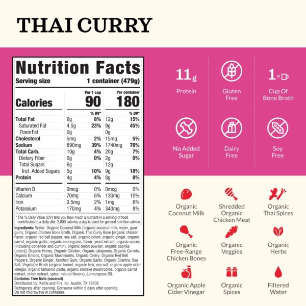 Kettle and Fire Thai Curry Soup with Chicken Bone Broth, Paleo Diet, Gluten Free, High in Protein and Collagen, 6 Pack